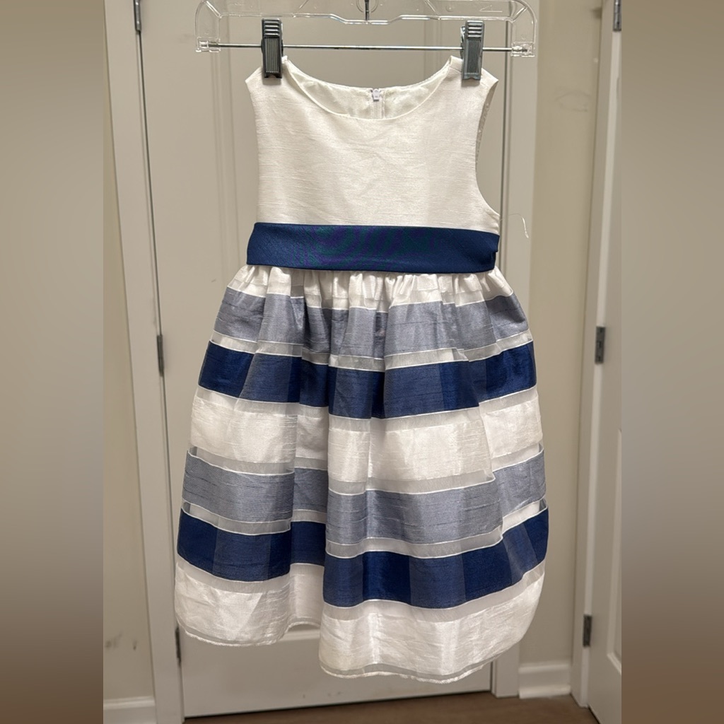 Girls White And Navy Striped Party Dress